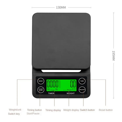 Digital kitchen scale with dimensions and feature labels on a white background