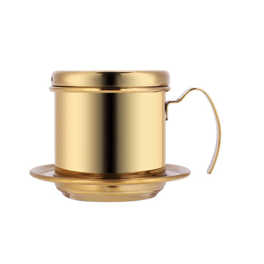 Gold metallic Vietnamese coffee maker with lid and handle on white background