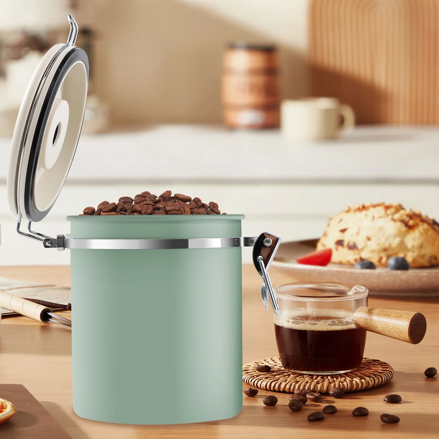 Green Container with Scoop for Coffee Storage