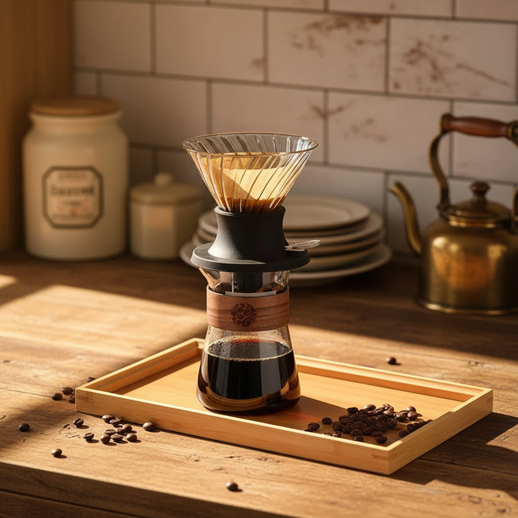 Coffee brewing setup with a glass coffee maker on a wooden tray, surrounded by coffee beans.