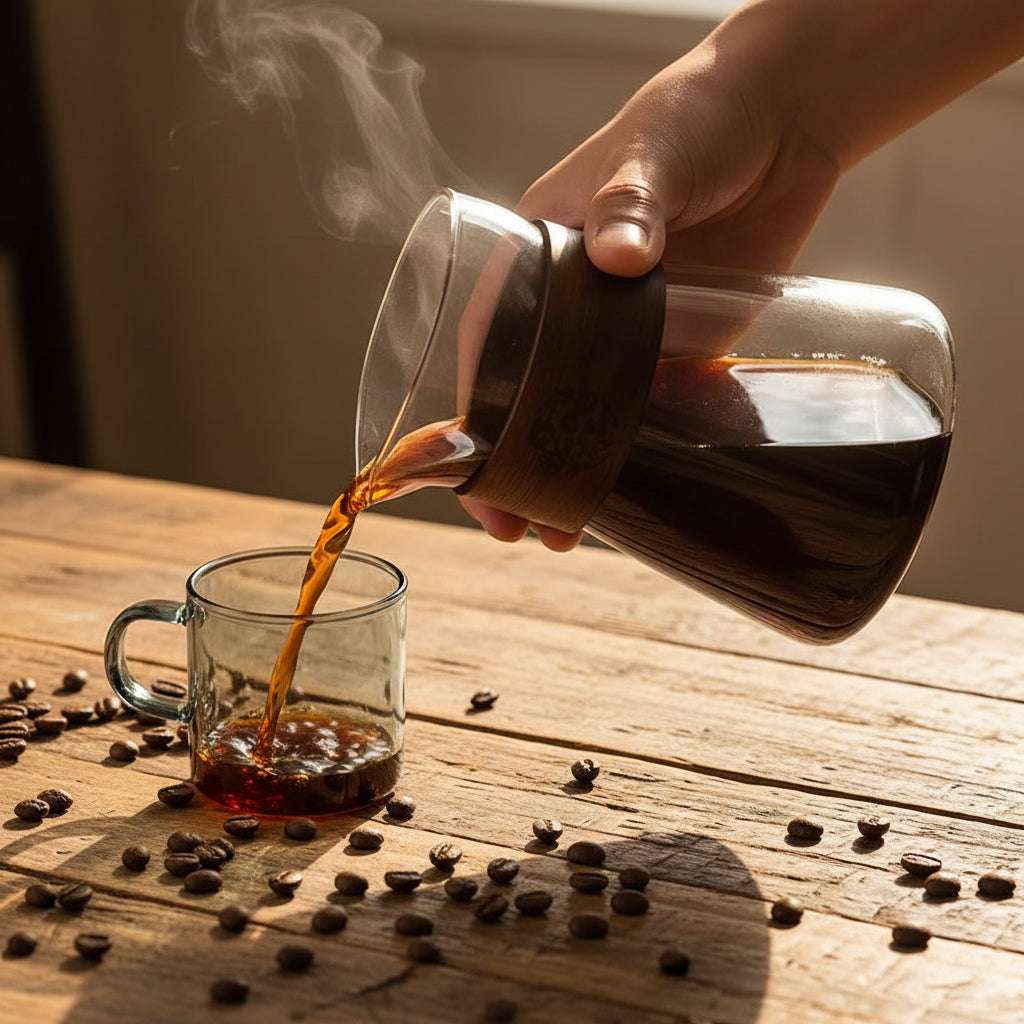 Person pouring coffee from a glass carafe with wooden handle into a glass mug on a light surface.