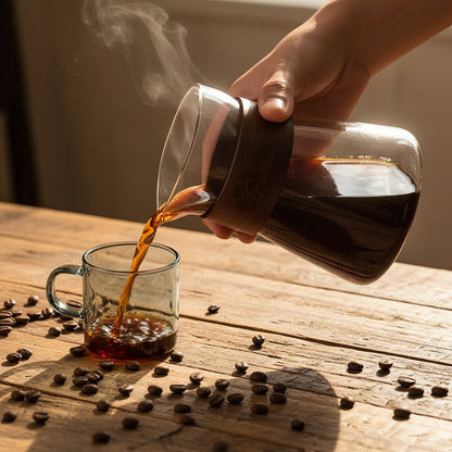 Person pouring coffee from a glass carafe with wooden handle into a glass mug on a light surface.