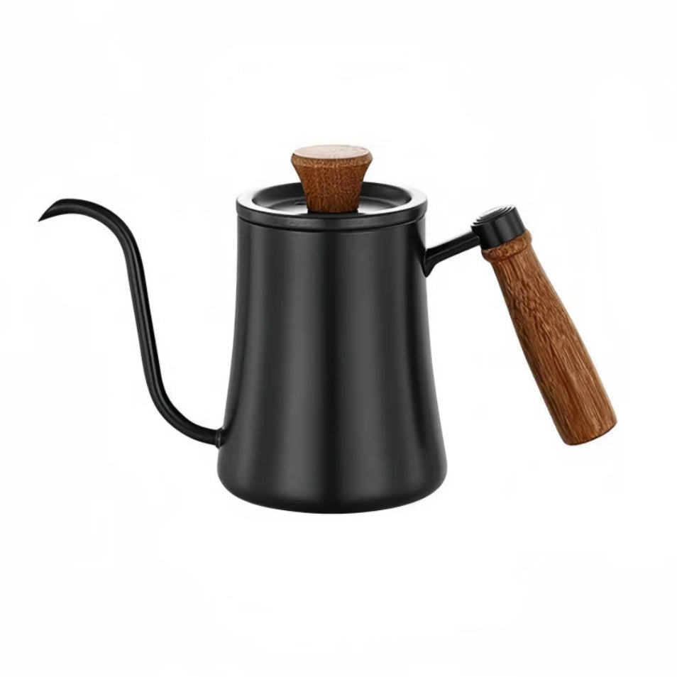 Black gooseneck kettle with a wooden handle and lid knob,  on a white background.
