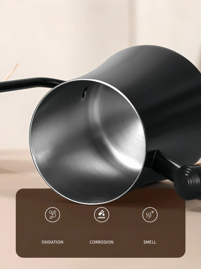 Close-up of a matte black metal pitcher or kettle with a brushed silver interior, shown against a warm beige background with a brown feature panel at the bottom highlighting oxidation, corrosion, and smell.
