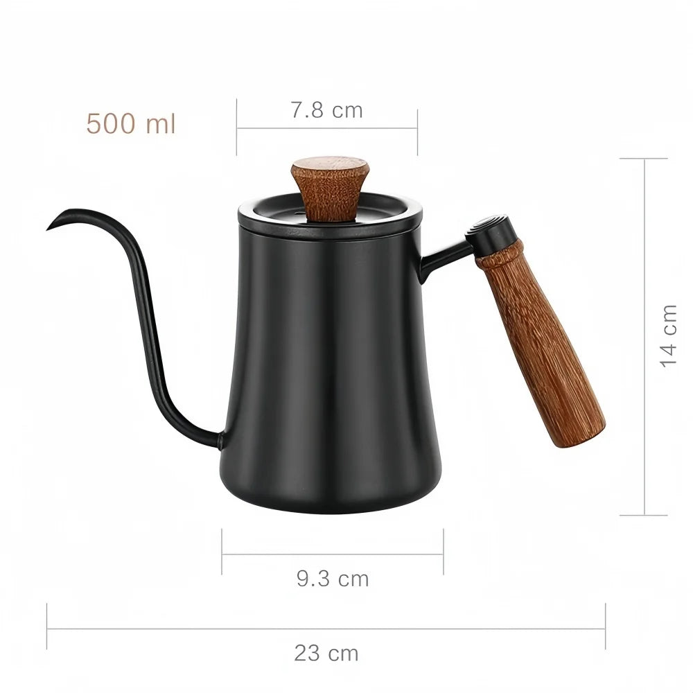 Black coffee pot with wooden handle and spout, showing measurements on a white background