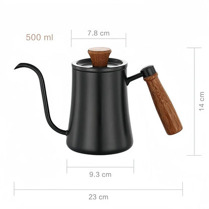 Black coffee pot with wooden handle and spout, showing measurements on a white background