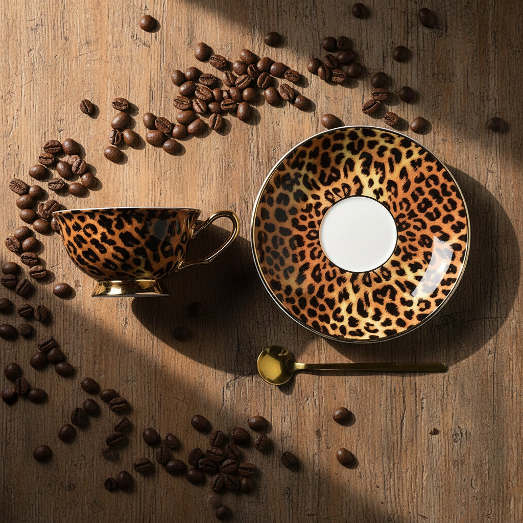 A leopard print teacup and saucer set