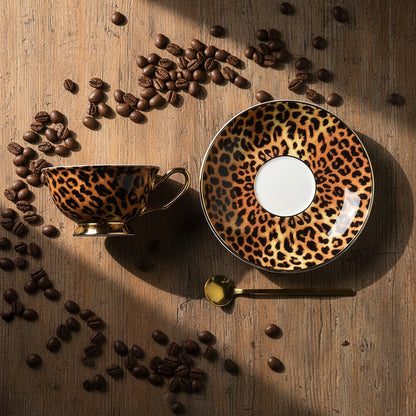 A leopard print teacup and saucer set