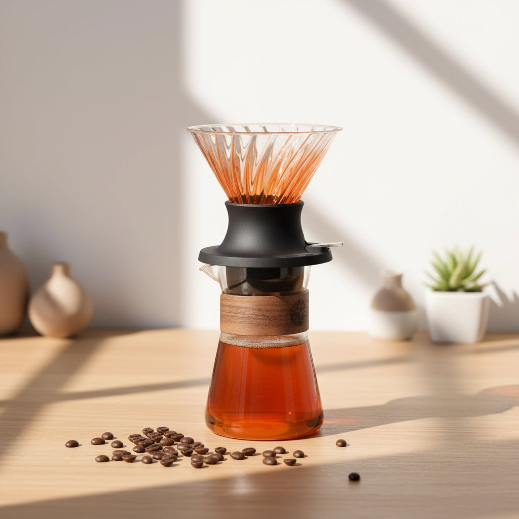 Coffee brewing device with glass container and wooden base on a wooden surface.