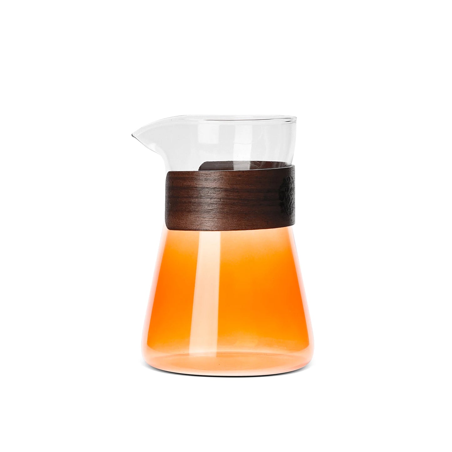 Glass carafe with wooden band on a white background