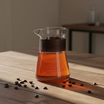 Glass carafe with wooden band on a table