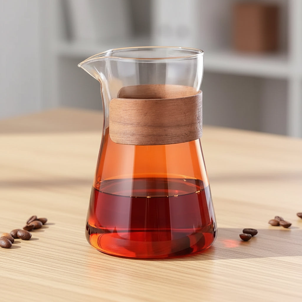 Glass carafe with wooden lid filled with red liquid on a table with coffee beans.
