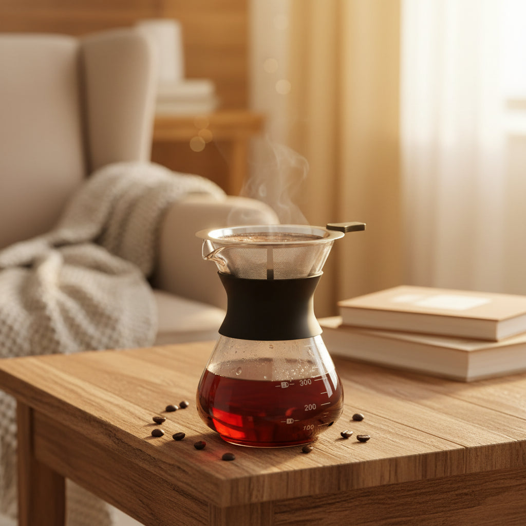 Coffee brewing device with coffee and croissants on a wooden table