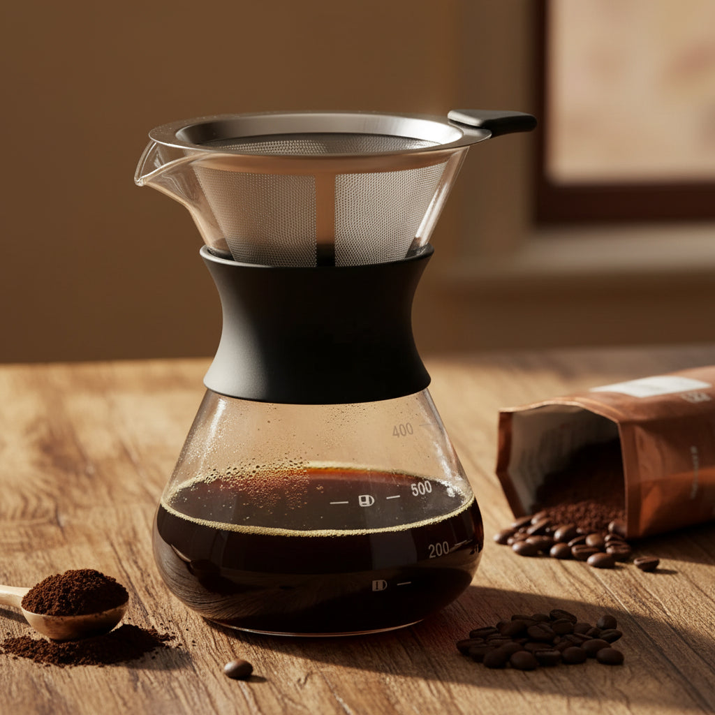 Coffee brewing device with coffee being poured into it, surrounded by coffee beans and a coffee bag on a light background.