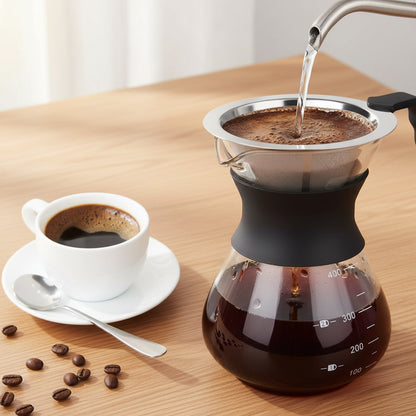 Coffee being poured from a carafe into a cup with coffee beans