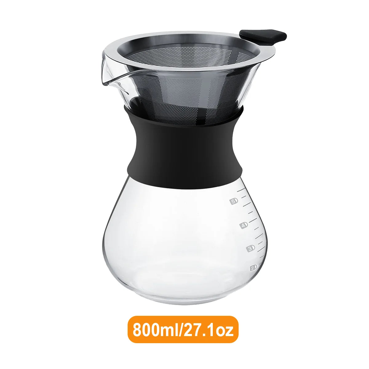 Clear glass coffee maker with black lid and handle on a white background