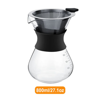 Clear glass coffee maker with black lid and handle on a white background