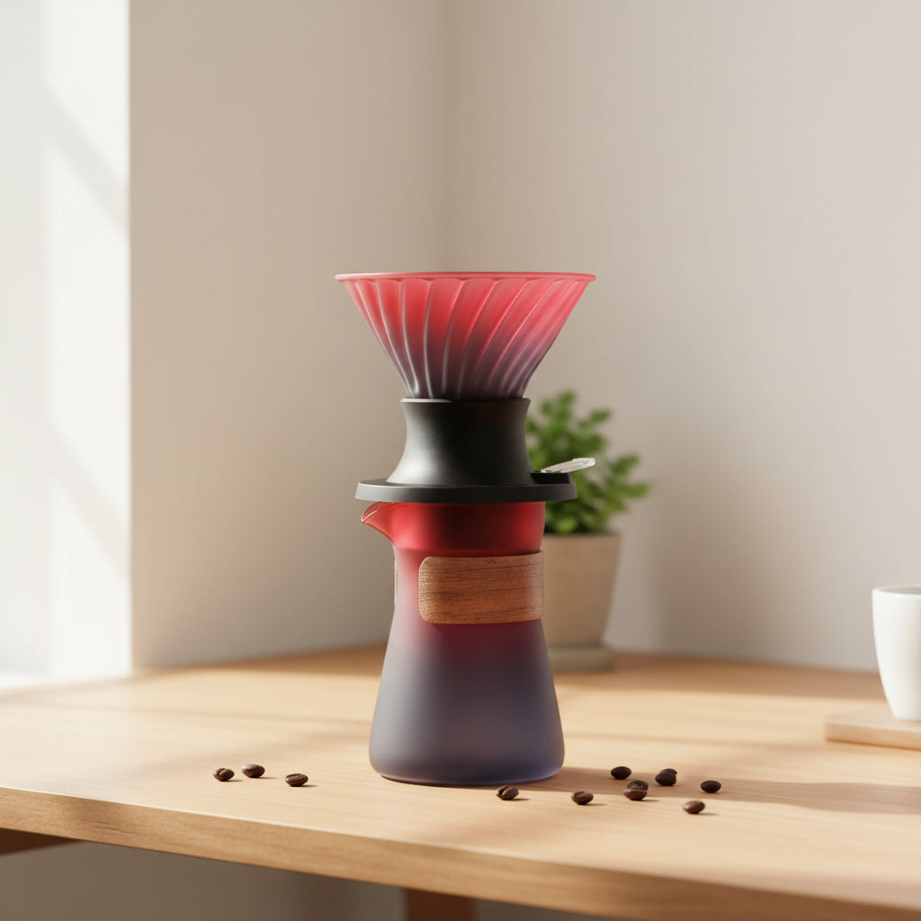 Glass coffee dripper with wooden collar on a table