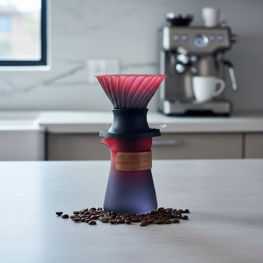 Glass coffee dripper with wooden collar on a Kitchen