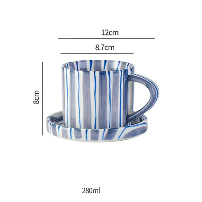 Hand-painted striped ceramic coffee cup with saucer, 280 ml