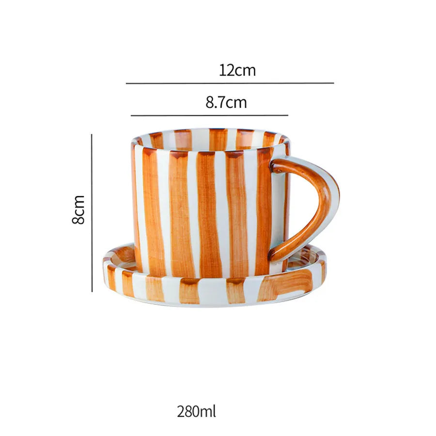 Hand-painted striped ceramic coffee cup with saucer, 280 ml