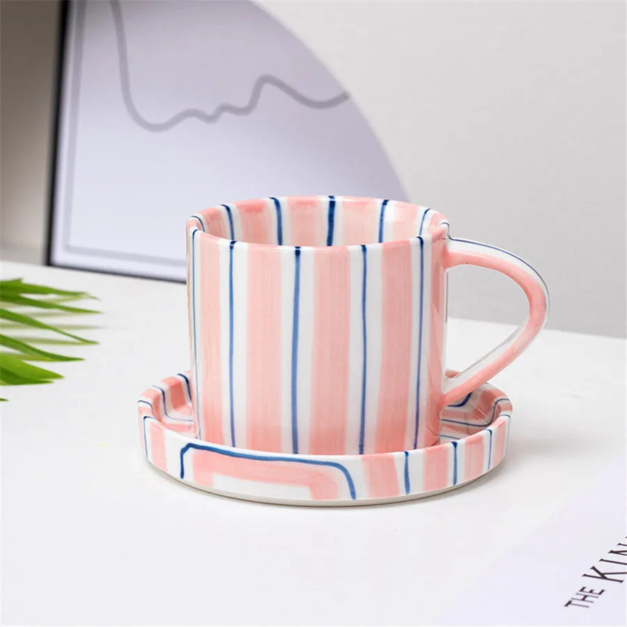 Hand-painted striped ceramic coffee cup with saucer, 280 ml