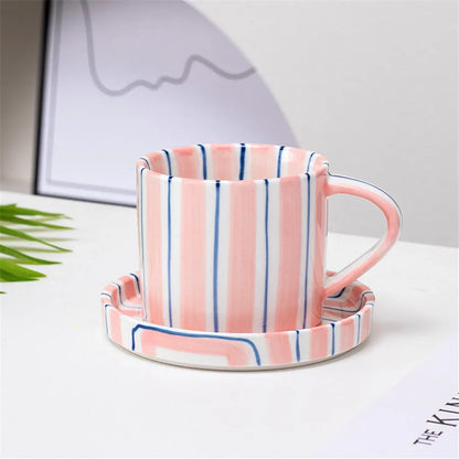 Hand-painted striped ceramic coffee cup with saucer, 280 ml