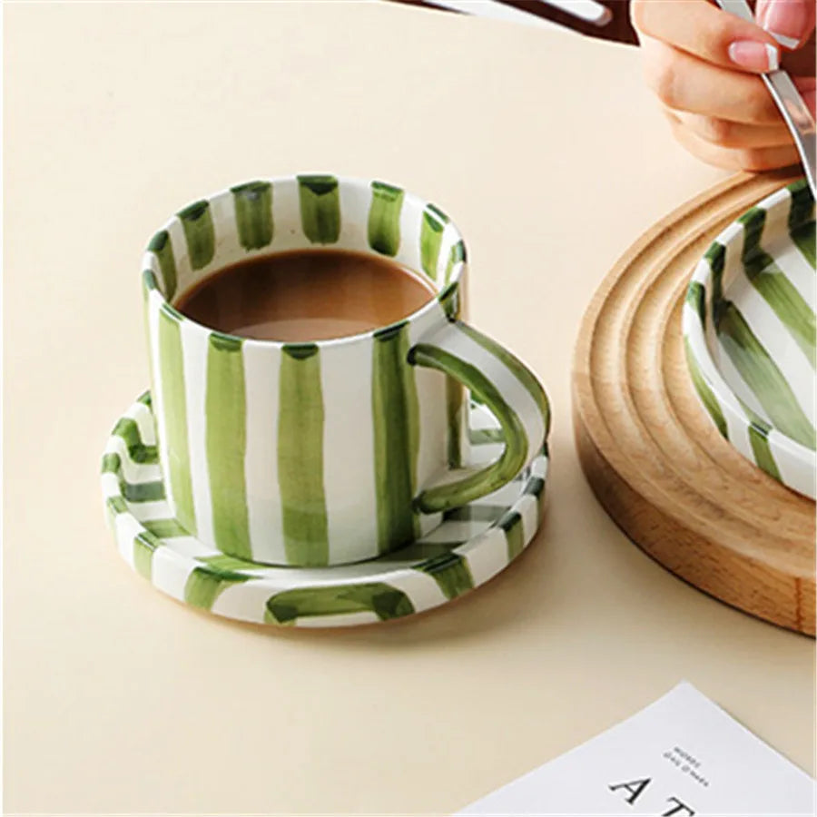 Hand-painted striped ceramic coffee cup with saucer, 280 ml