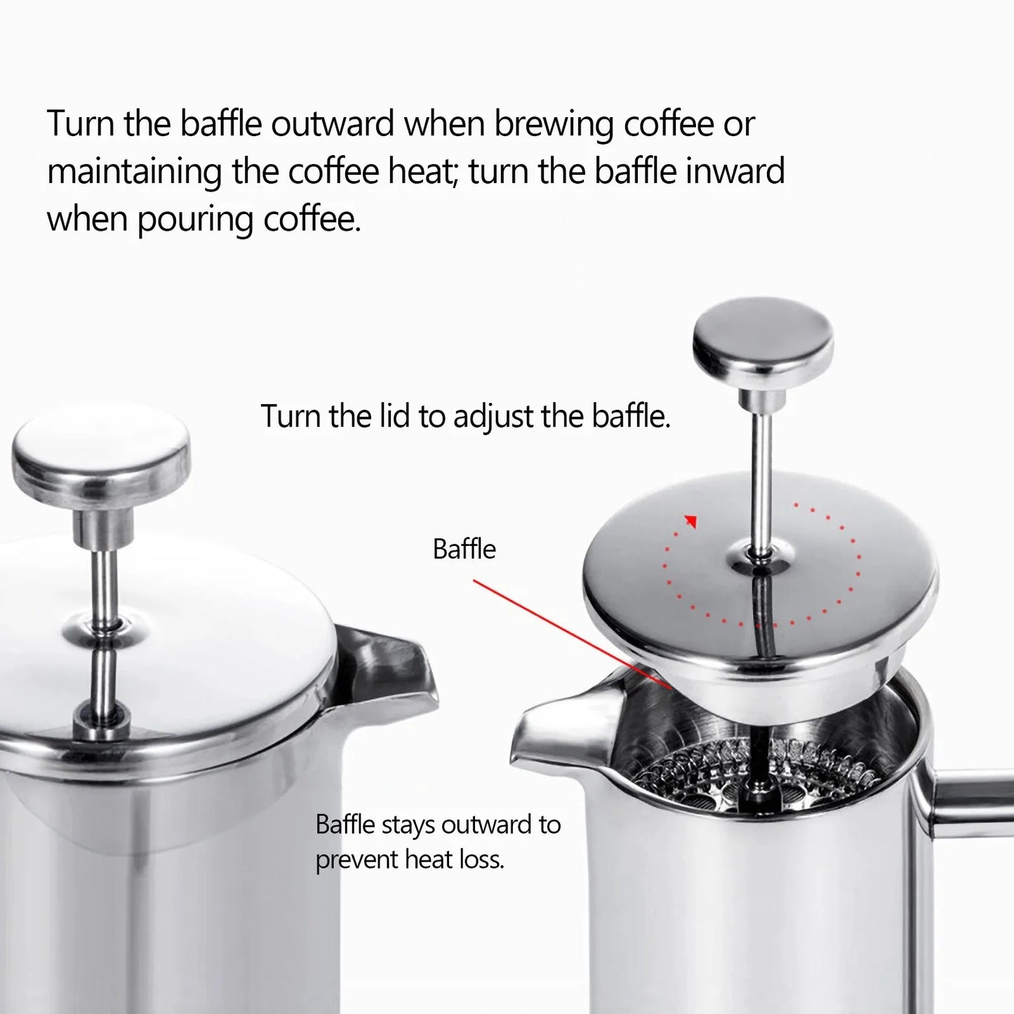Stainless steel coffee press with instructions on baffle adjustment for brewing and pouring.