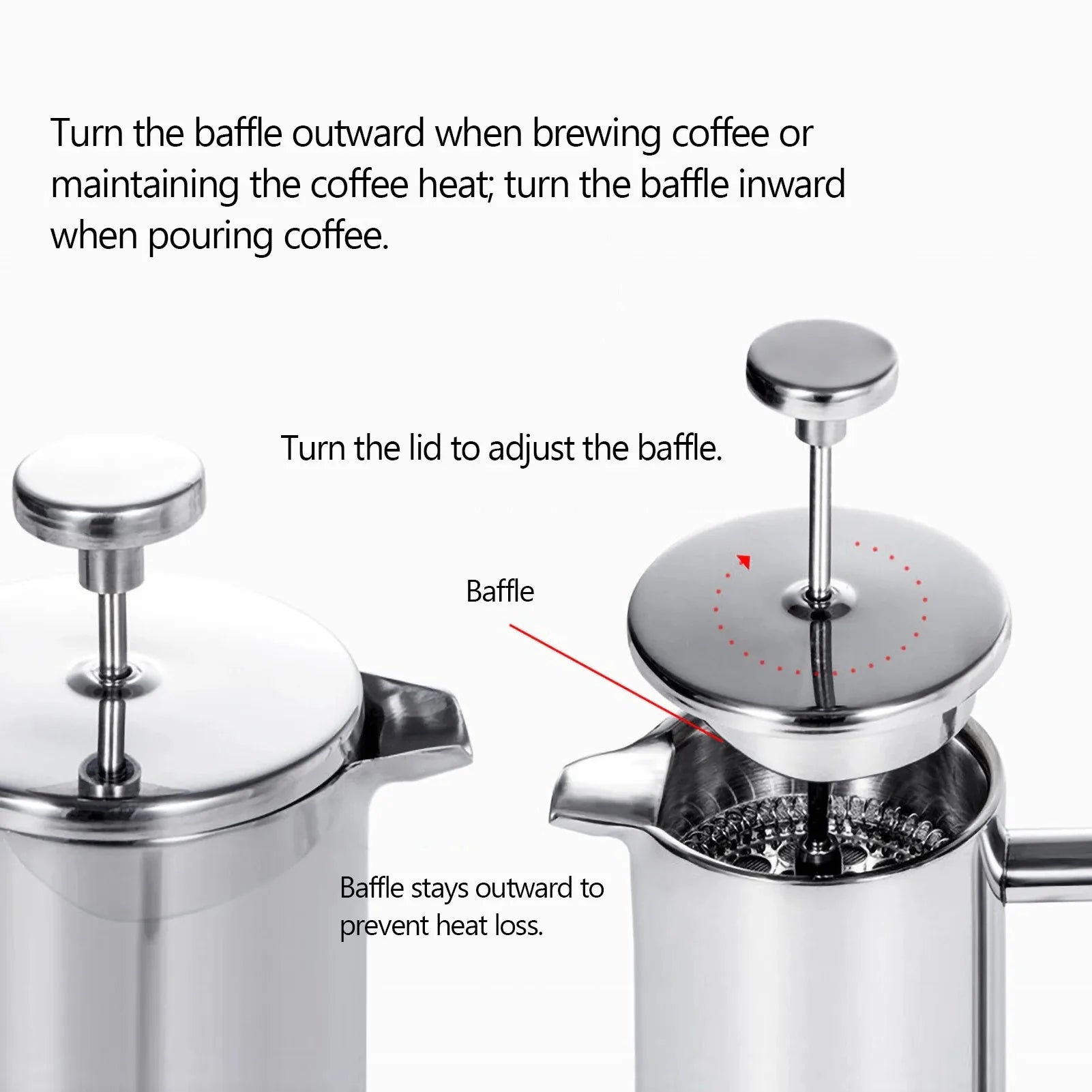 Stainless steel coffee press with instructions on baffle adjustment for brewing and pouring.