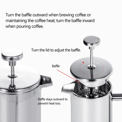 Stainless steel coffee press with instructions on baffle adjustment for brewing and pouring.