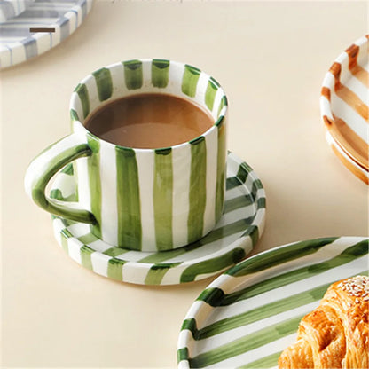 Hand-painted striped ceramic coffee cup with saucer, 280 ml