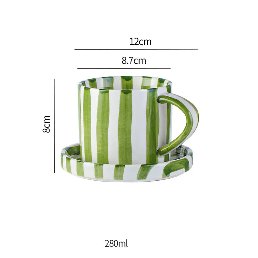 Hand-painted striped ceramic coffee cup with saucer, 280 ml