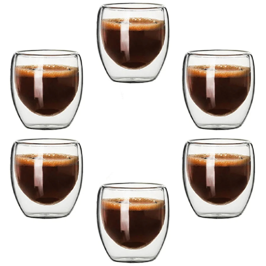 Set of six double-walled glass coffee cups with espresso inside, labeled '6Pcs 80ml'.