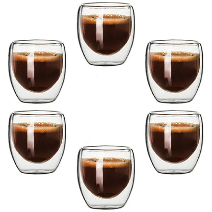 Set of six double-walled glass coffee cups with espresso inside, labeled '6Pcs 80ml'.