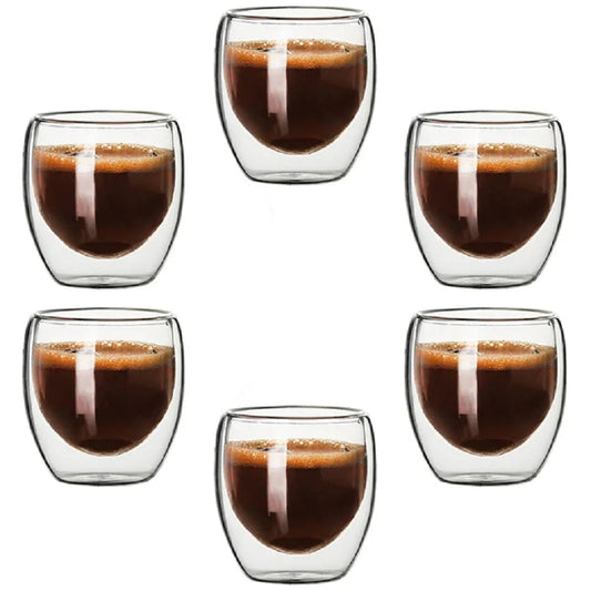 Set of six double-walled glass coffee cups with espresso inside, labeled '6Pcs 80ml'.