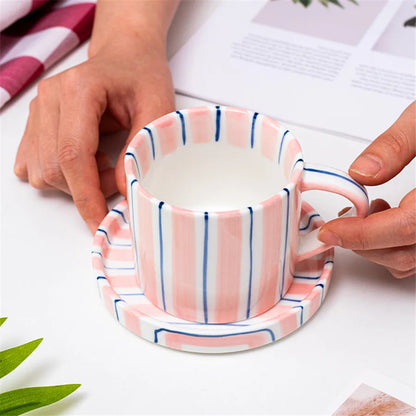 Hand-painted striped ceramic coffee cup with saucer, 280 ml