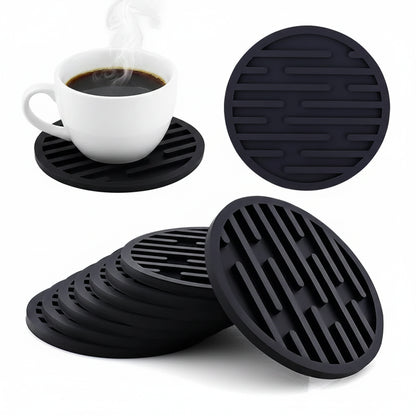 Black silicone coasters with a coffee cup on a white background