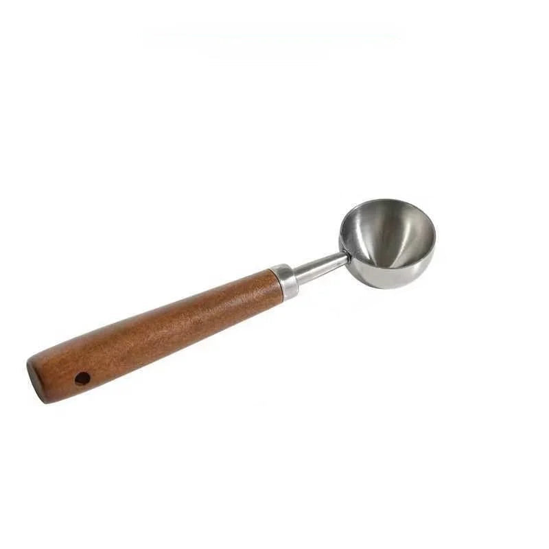 Measurement details of a metal scoop with wooden handle on a white background
