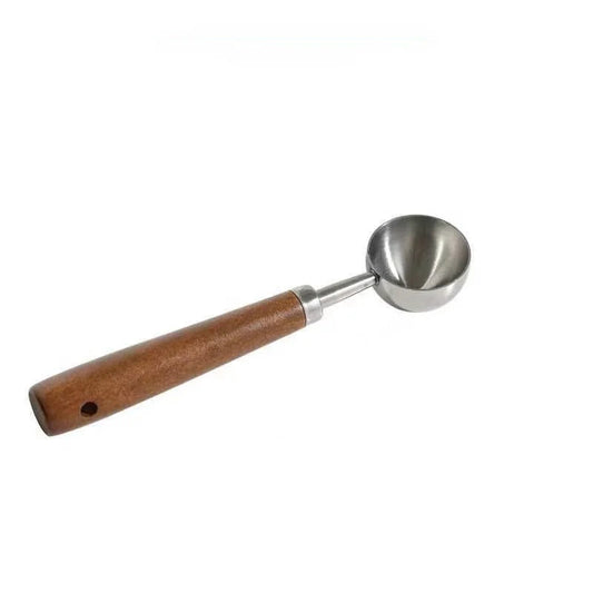 Measurement details of a metal scoop with wooden handle on a white background