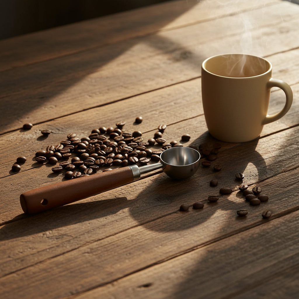 A small ice cream scoop with a brown wooden handle and a stainless steel bowl.
