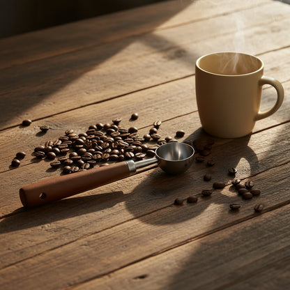 A small ice cream scoop with a brown wooden handle and a stainless steel bowl.