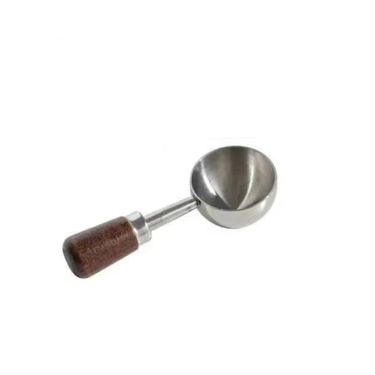 A stainless steel ice scoop with a dark brown wooden handle, shown on a plain white background.