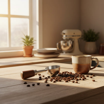 A metal scoop with wooden handle on a Kitchen