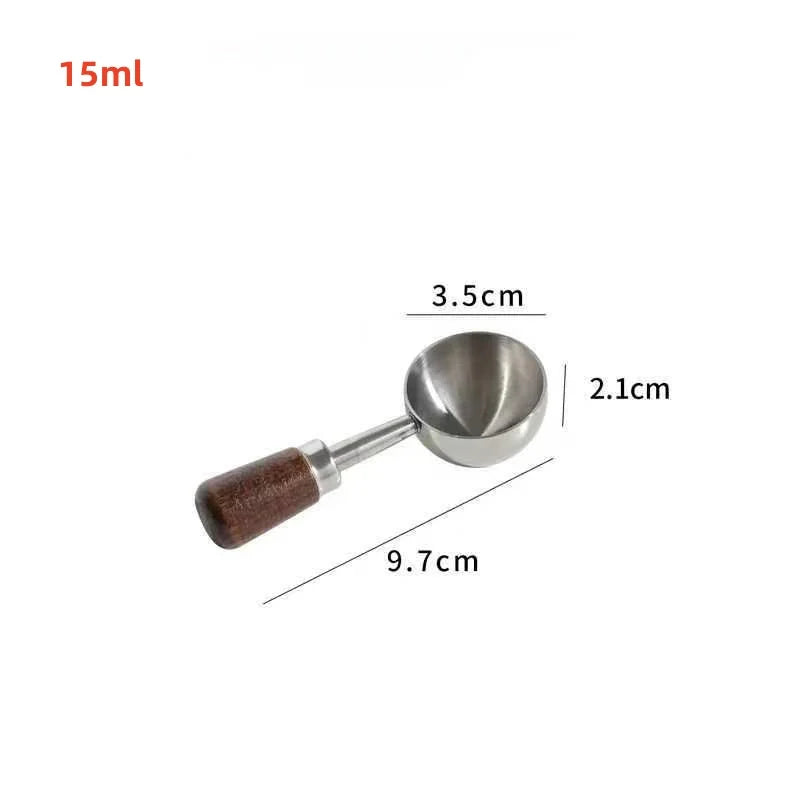 Measurement details of a metal scoop with wooden handle on a white background