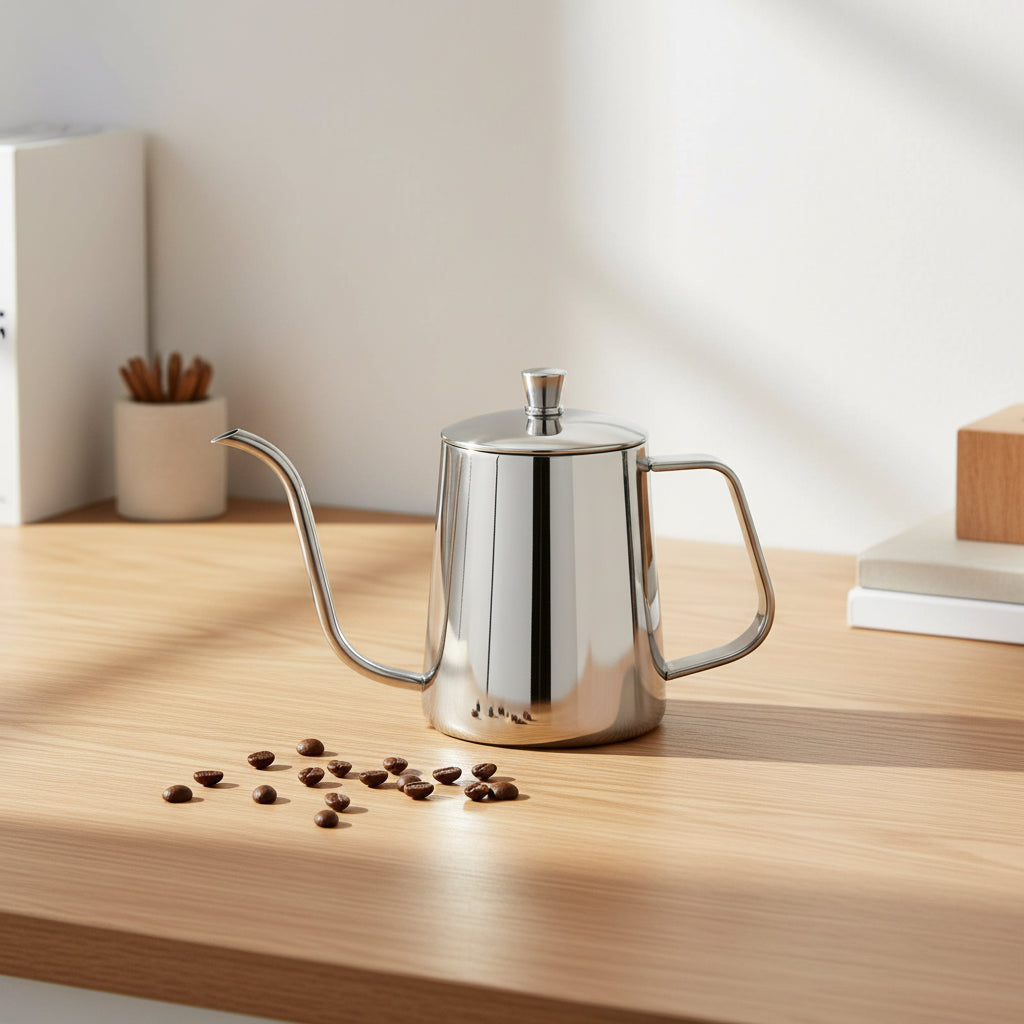 A polished stainless steel gokuroh kettle with a long, slender spout, a curved handle
