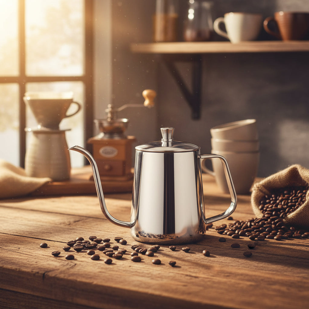 A polished stainless steel gokuroh kettle with a long, slender spout, a curved handle