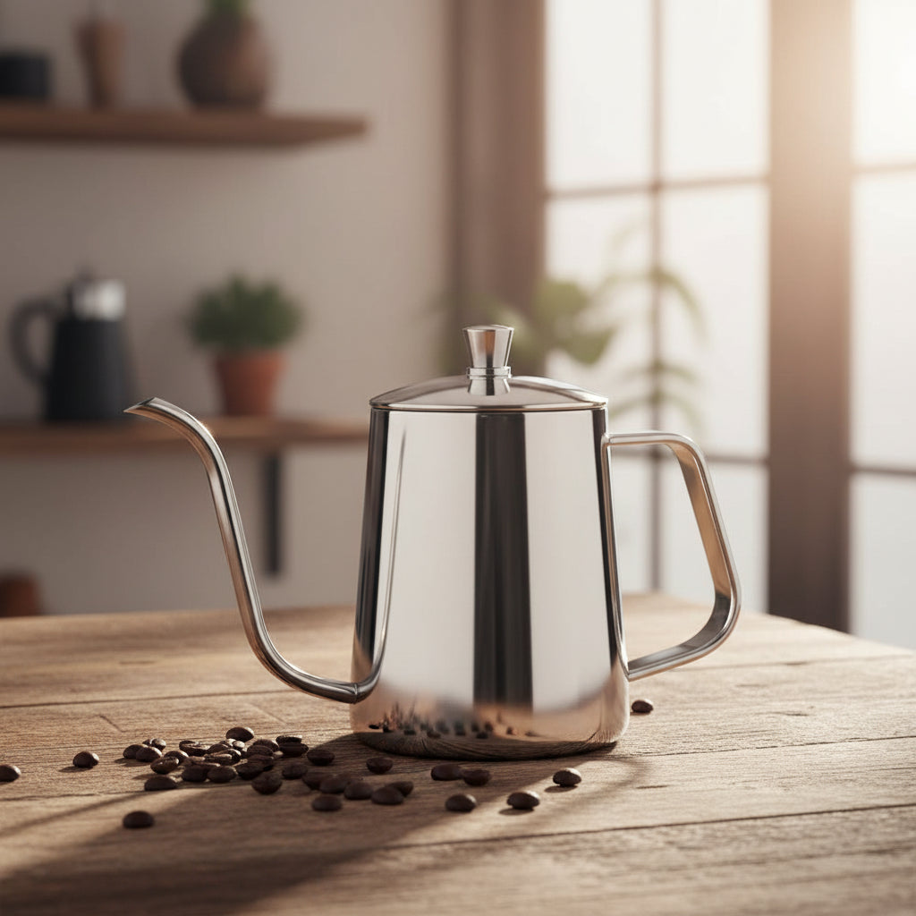 A polished stainless steel gokuroh kettle with a long, slender spout, a curved handle