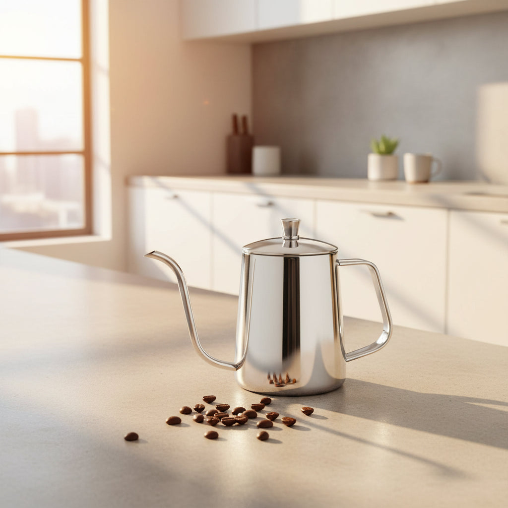 A polished stainless steel gokuroh kettle with a long, slender spout, a curved handle