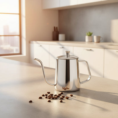 A polished stainless steel gokuroh kettle with a long, slender spout, a curved handle